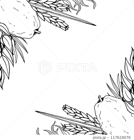 Square Sukkot frame template line ink vector illustration with black and white etrog, four species for Jewish fall holiday greeting card and social media posts 117628076