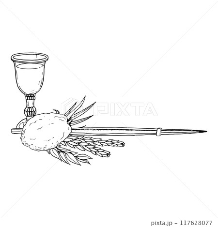 Etrog, four species plants and glass of wine for Sukkot holiday line vector illustration for kids coloring. Black and white Jewish banner template for Netilat Lulav ceremony Etrog, four species plants and glass of wine for Sukkot holiday line vector illustration for kids coloring. Black and white Jewish banner template for Netilat Lulav ceremony 117628077