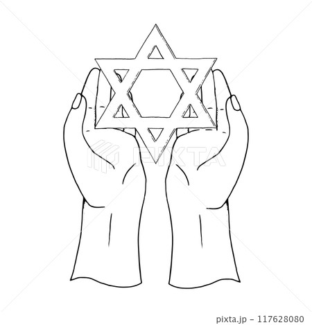 Star of David holding in hands in 7th of October commemoration line vector illustration in black and white. Jewish faith symbol for Judaism religious designs Star of David holding in hands in 7th of October commemoration line vector illustration in black and white. Jewish faith symbol for Judaism religious designs 117628080