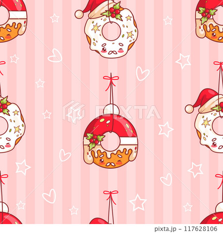 Seamless pattern with cute Christmas gingerbread with holly in Santa hat on pink striped background. Funny traditional holiday cartoon kawaii character food. Vector illustration. 117628106