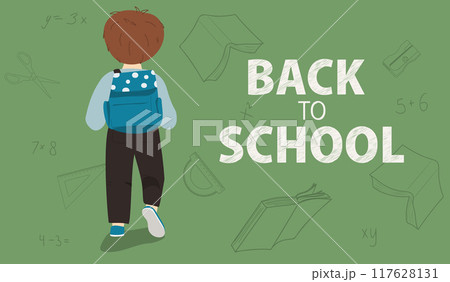 Back to school banner. Schoolboy with stationery and books.  117628131