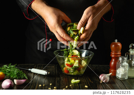 Cooking healthy vegetable salad in a bowl. Chef prepares a mix of chopped vegetables and aromatic spices. Service concept for a hotel or restaurant Cooking healthy vegetable salad in a bowl. Chef prepares a mix of chopped vegetables and aromatic spices. Service concept for a hotel or restaurant 117628235