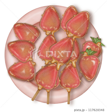 strawberry tanghulu candied coating syrup of Chinese snacks fruits,Sweet dessert hand drawn illustrations 117628348