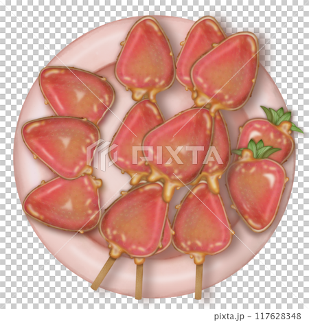 strawberry tanghulu candied coating syrup of Chinese snacks fruits,Sweet dessert hand drawn illustrations 117628348