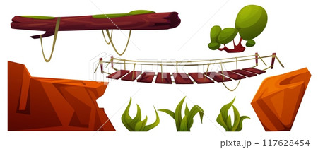 Wooden log and rope bridge for cliff cross walkway 117628454