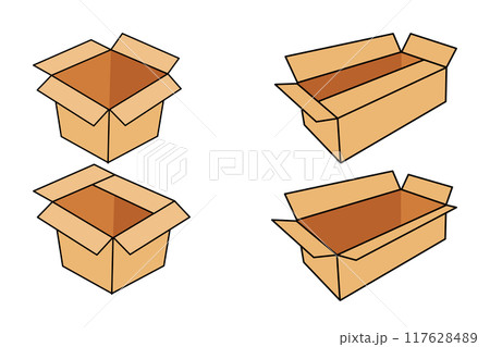 Set of different brown cardboard packaging boxes. Collection of cardboard box mockups 117628489