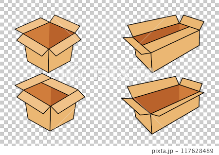 Set of different brown cardboard packaging boxes. Collection of cardboard box mockups 117628489