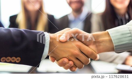 Two diverse professional business men executive leaders shaking hands at office meeting. The concept of friendly negotiations and comfortable corporate culture 117628631