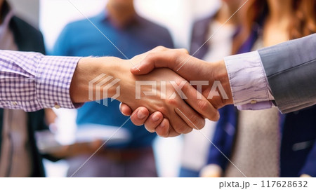Two diverse professional business men executive leaders shaking hands at office meeting. The concept of friendly negotiations and comfortable corporate culture 117628632