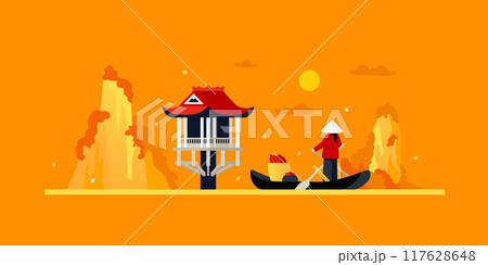 Boat ride to One Pillar Pagoda - colored vector illustration 117628648