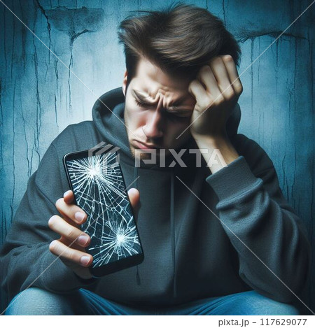 スマホの画面が割れ 頭を抱え落ち込んでいる男性 117629077