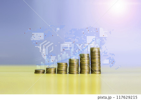 Coins are laid out in graph. Stack of the golden coin with a funding that grows. growing of business investment. growing power of compound interest concept. Business success wealth stock investment. Coins are laid out in graph. Stack of the golden coin with a funding that grows. growing of business investment. growing power of compound interest concept. Business success wealth stock investment. 117629215