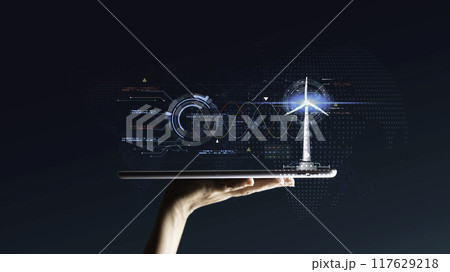 eco friendly energy. Innovation technology eco green concept. Icon wind energy sources for renewable on blur background.Concept with innovation inspiration. Idea innovative from the big data. 117629218