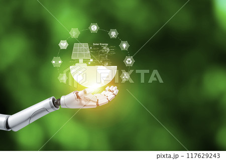Net zero ESG concept. AI,Machine learning, Robotic hand touch Net zero icon represents the exchange of artificial intelligence brains with humans. Carbon gas affects global warming. Net zero ESG concept. AI,Machine learning, Robotic hand touch Net zero icon represents the exchange of artificial intelligence brains with humans. Carbon gas affects global warming. 117629243