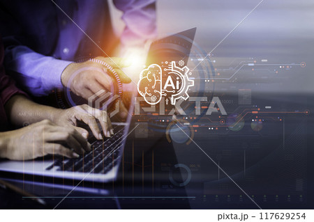 Business people hands holding touching ai icon in global networks. With AI (artificial intelligence) and global information exchange, AI technology is essential for business future digital world.. Business people hands holding touching ai icon in global networks. With AI (artificial intelligence) and global information exchange, AI technology is essential for business future digital world.. 117629254