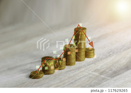 Funding bond, investment concept, wealth success growth gold coins are displayed as graphs. Shows the beginning of the decline in loan interest. stock market volatility Inflation is falling.. 117629265