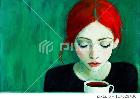Relaxed lady smelling coffee or tea in the morning 117629430