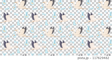 Watercolor seamless pattern with cute stork with new baby boy. Flying bird. Hand drawn isolated illustrations 117629482