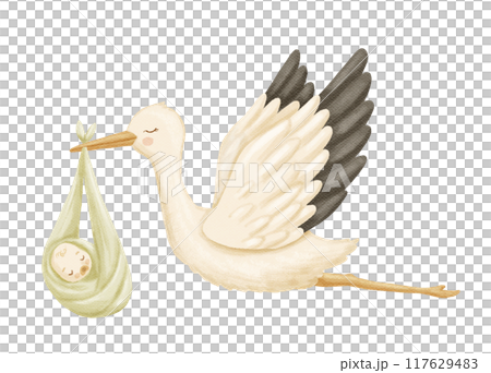 Watercolor stork with new baby. Flying bird as symbol of pregnancy. Cute hand drawn isolated illustration 117629483