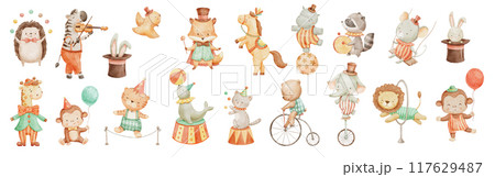 Circus animals set, watercolor illustrations for nursery and kids. Lion, bear and giraffe isolated on white background. Cute baby drawings 117629487