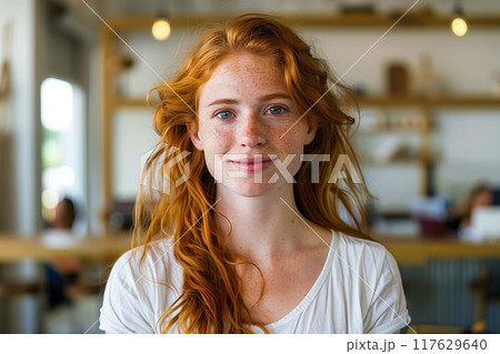 Freckles Woman portrait. Close-up. Beautiful blue eyed girl with freckles is looking at camera 117629640