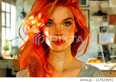 Freckles Woman portrait. Close-up. Beautiful blue eyed girl with freckles is looking at camera 117629641