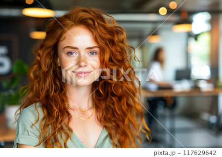 Freckles Woman portrait. Close-up. Beautiful blue eyed girl with freckles is looking at camera 117629642