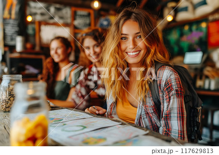 Attractive young blond woman sitting in cafe 117629813