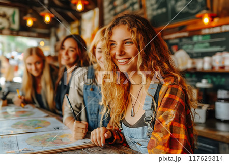 Attractive young blond woman sitting in cafe 117629814