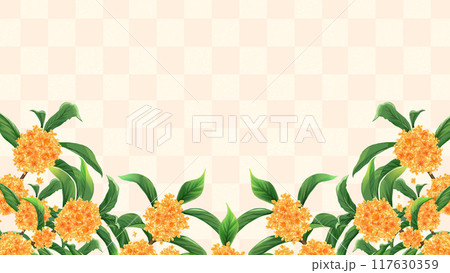 金木犀と市松模様　秋のフレーム背景　16:9 117630359