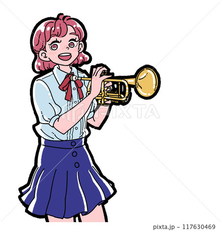 トランペットを持つ笑顔の女の子のイラスト トランペットを持つ笑顔の女の子のイラスト 117630469