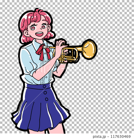 トランペットを持つ笑顔の女の子のイラスト トランペットを持つ笑顔の女の子のイラスト 117630469