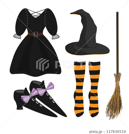 Halloween witchcraft isolated set. Witch Hat, Black Dress, striped socks, shoes and broom. Halloween Costume Set. Vector Illustration Halloween witchcraft isolated set. Witch Hat, Black Dress, striped socks, shoes and broom. Halloween Costume Set. Vector Illustration 117630519