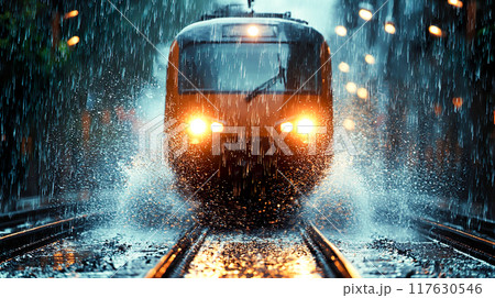 豪雨の中走る電車のイメージ 豪雨の中走る電車のイメージ 117630546