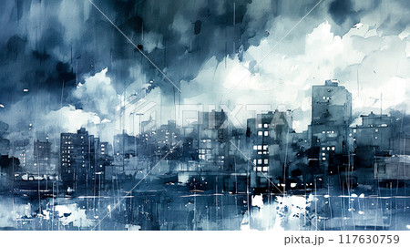 豪雨に襲われる都市の水彩イラスト風景 豪雨に襲われる都市の水彩イラスト風景 117630759