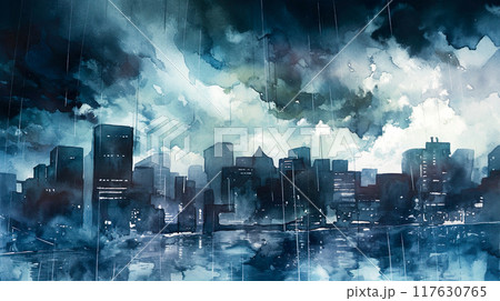 豪雨に襲われる都市の水彩イラスト風景 117630765