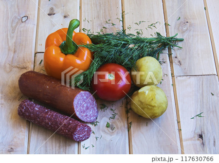 Sausage with vegetables and herbs. Set for easy food products 117630766