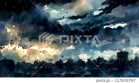 豪雨に襲われる都市の水彩イラスト風景 117630767