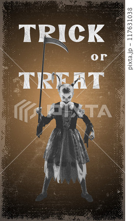 Creepy child in tattered dress holding scythe, ready for Tick or Treat game. Contemporary art collage. Creepy child in tattered dress holding scythe, ready for Tick or Treat game. Contemporary art collage. 117631038