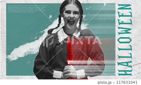 Young woman with creepy smiling face holding knife with blood, creating frightening vibe of autumn holiday. Contemporary art collage. 117631041