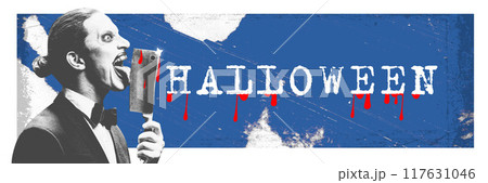 Blend of humor and horror. Man in suit and creepy makeup locking bloodied knife with letters Halloween. Contemporary art collage. 117631046