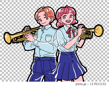 一個微笑的男人和女人用喇叭的插圖 117631232