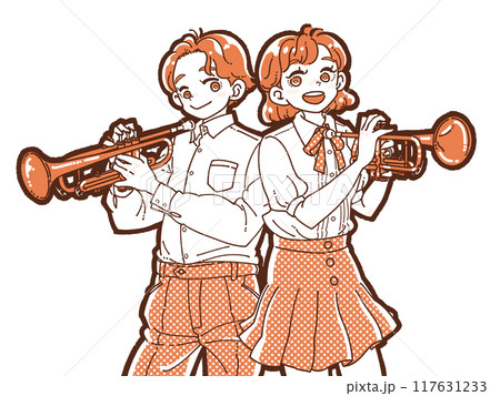 トランペットを持つ笑顔の男女のイラスト 117631233