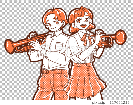 トランペットを持つ笑顔の男女のイラスト 117631233