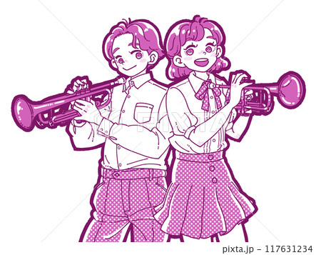 トランペットを持つ笑顔の男女のイラスト トランペットを持つ笑顔の男女のイラスト 117631234