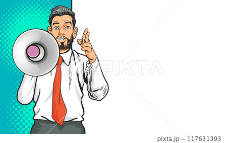 Business man with loudspeaker megaphone announcing discount or sale Special offer shopping time 117631393