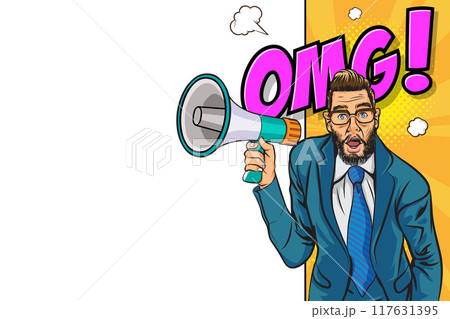 Business man with loudspeaker megaphone announcing discount or sale Special offer shopping time 117631395