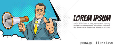 Business man with loudspeaker megaphone announcing discount or sale Special offer shopping time Business man with loudspeaker megaphone announcing discount or sale Special offer shopping time 117631396
