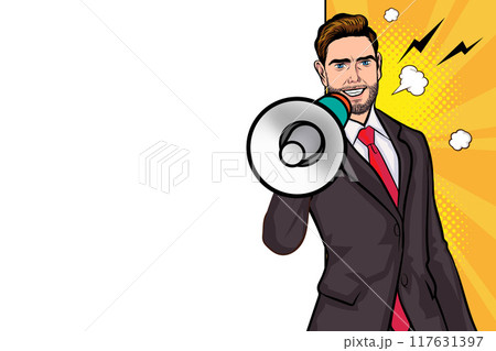 Business man with loudspeaker megaphone announcing discount or sale Special offer shopping time 117631397