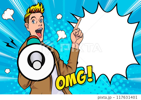 Business man with loudspeaker megaphone announcing discount or sale Special offer shopping time Business man with loudspeaker megaphone announcing discount or sale Special offer shopping time 117631401